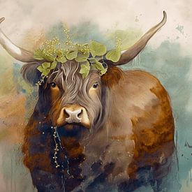 Un Highlander écossais au regard rêveur, couronné d'une guirlande de feuilles vertes sur Studio Pieternel