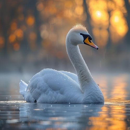 Beautiful Swan Floating on Water at Sunset