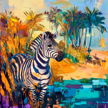 Kleurrijke zebra in een tropisch landschap van Poster Art Shop