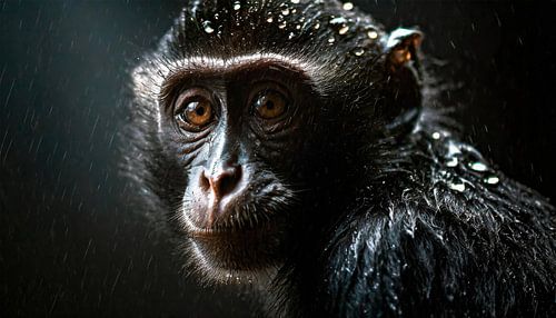 Aap in de regen met regendruppels