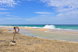 Rettungsring am Sandstrand und Meereswellen die an die Küste branden von Tomherkules
