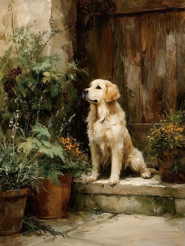 Golden retriever voor de deur van het landhuis