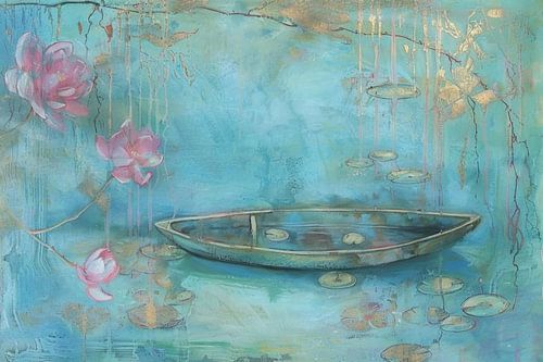 Turquoise schilderij boot en waterlelies romantisch