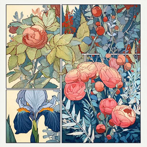 Illustration de fleurs de roses et d'iris,