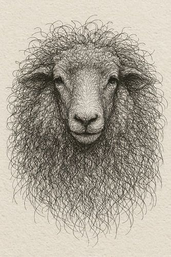 Thread portrait mother sheep (wool farm animal paper drawing calm colours beige Boho)