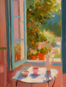 Sommerliche Aussicht durch ein offenes Fenster