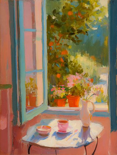 Vues d'été à travers une fenêtre ouverte