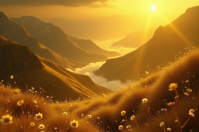 Mountain Valley at Sunset with Wildflowers by Markus Gann