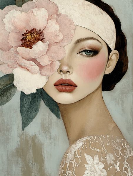 Portret met grote bloem in pastelkleuren van Carla Van Iersel