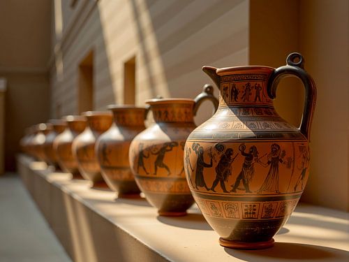 Antike griechische Töpferwaren in einem Museumsregal