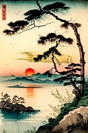 Japanese coast in watercolour landscape by Peet de Rouw