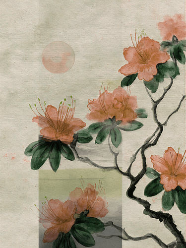 A serene and atmospheric Japanese-style azalea blossom branch