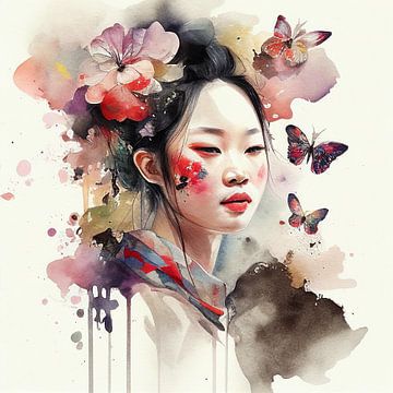 Watercolor Floral Asian Woman #2 by Chromatic Fusion Studio