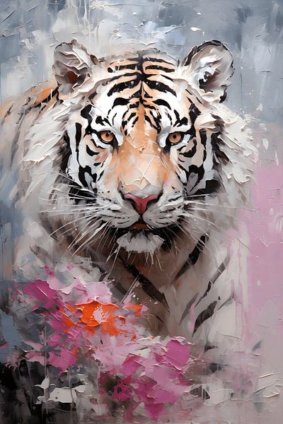White Tiger with Roses by NJ Midnight Studio