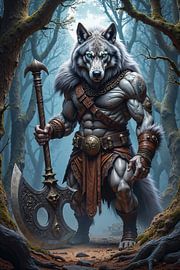 LOUP – Un Guerrier Animal avec sa Hache de Guerre dans la Forêt sur INFERAURUM