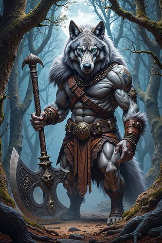WOLF – Een Dierlijke Krijger met Zijn Strijdbijl in het Bos