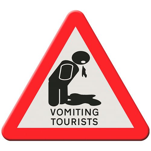 Warning sign. Vomiting tourists.