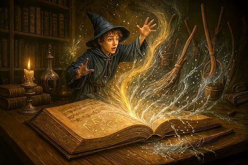 Jonge tovenaar met boek – fantasie-illustratie