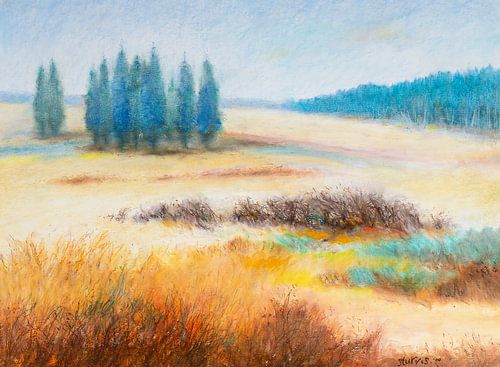 Landschap met blauwe sparren en bos op de achtergrond - pastel op papier