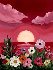 Un soleil doré derrière une mer de fleurs