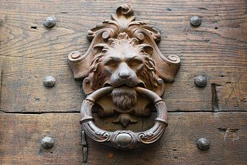 oude metalen deurklopper als leeuwenkop op een rustieke houten deur in italië van Maren Winter