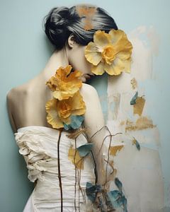 Collage: Vintage-Porträt mit Blumen in Gelb und Blau