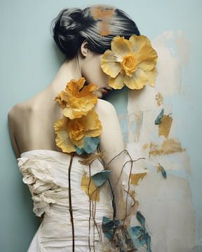 Collage: Vintage-Porträt mit Blumen in Gelb und Blau von Carla Van Iersel