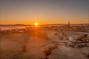 Drone shot of a sunrise at Vijlen in southern Limburg