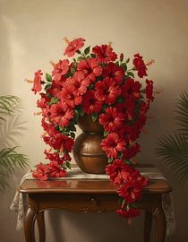 Hibiscus rosa-sinensis in a round wooden pot by Regan Frederick