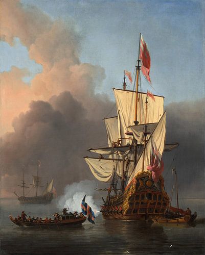 Willem van de Velde der Jüngere – Ein englisches Kriegsschiff bei einer Salutschuss-Zeremonie (1673)