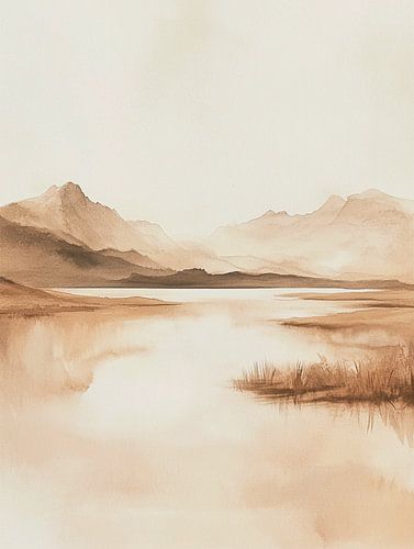 Natuurlijke Harmonie: Bergen, Water en Gras in Japandi Stijl