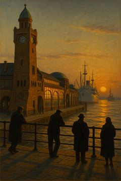 Les observateurs du port de Hambourg : Tour de l'horloge et navire au crépuscule sur Travel Shop