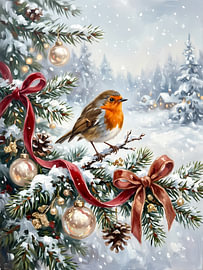 Robin dans le sapin de Noël