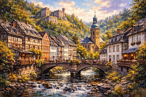 Monschau in Duitsland, een impressionistisch schilderij.