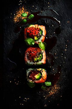 Heerlijke sushicreaties op een zwarte achtergrond van Poster Art Shop