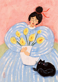 Femme avec des fleurs et un chat sur Dirkie Nell