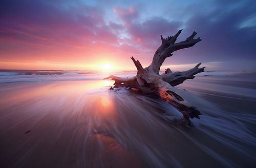Bois flotté au bord de la mer dans une lumière romantique