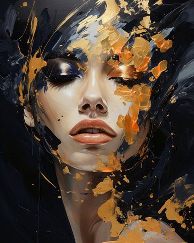 Modern abstract portrait in black and orange/gold tones by Carla Van Iersel