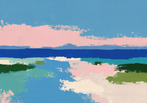 Abstract coastal landscape in shades of blue and pink