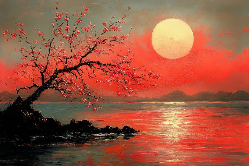 peinture japonaise paysage avec soleil levant par Egon Zitter