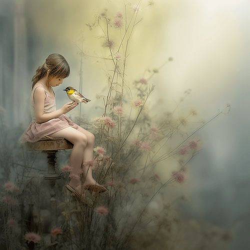 Girl with bird in a Dreamy Landscape