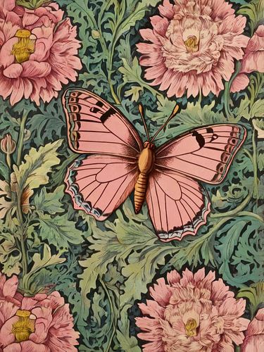 Rosa Nelken und Schmetterlinge im Stil von William Morris