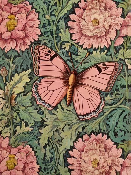 Roze anjers en vlinders Stijl William Morris van TOAN TRAN