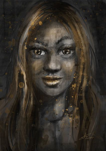 Portret van een donkere vrouw met gouden accenten. Gezicht van een prachtige Afrikaans vrouwelijk mo van Emiel de Lange