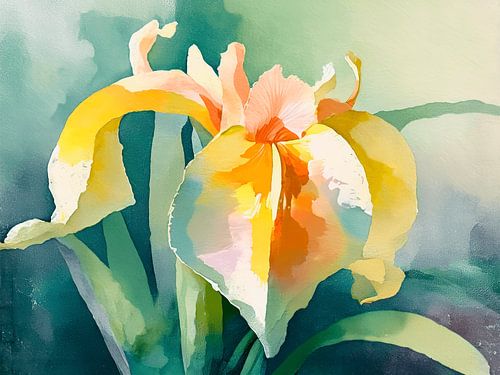 Flower still life: Yellow irises in fresh watercolours and soft pastel shades