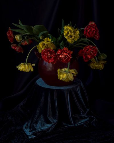 Still life art with orange-yellow tulips in the style of the Dutch masters