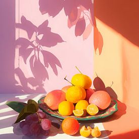 Sonniges Stillleben mit Zitrusfrüchten und Pfirsich von But First Framing