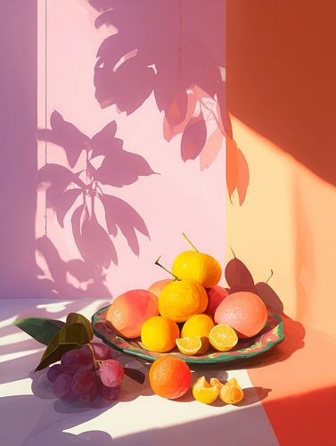 Nature morte ensoleillée avec agrumes et pêche