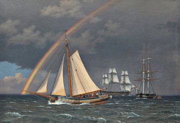 Regenboog over de zee, een jacht passeert met andere schepen, Christoffer Wilhelm Eckersberg
