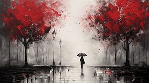 Abstrakte Kunst Frau mit Regenschirm in einem Park mit roten Bäumen in Schwarz und Weiß